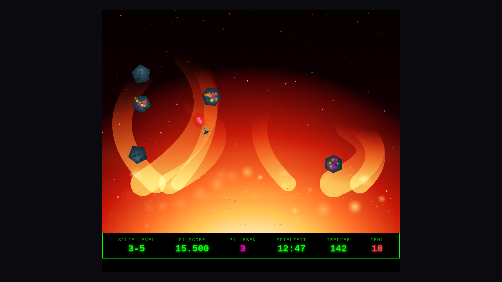 ROIDSTRIKE gameplay — dense bullet-hell pattern across a synthwave playfield